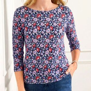 The Talbot Tee Bateau Neck Ditsy Floral Knit Top 3/4 Sleeve Pink Multi Sz Large